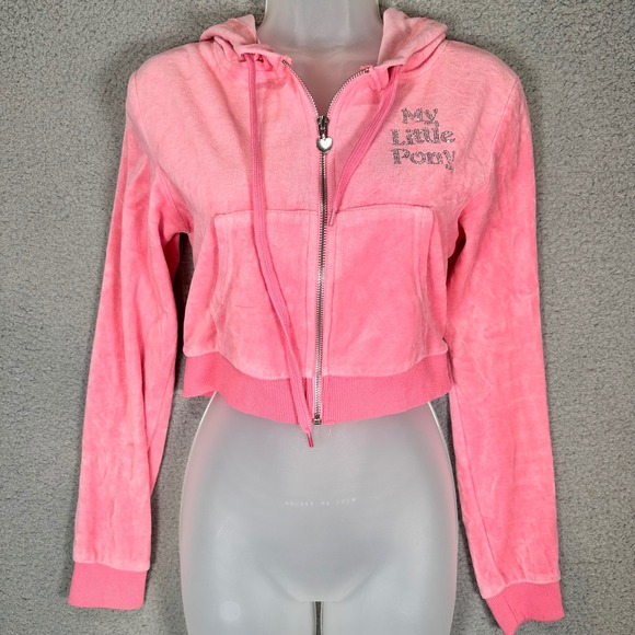 Dolls Kill Tops - Dolls Kill My Little Pony Velour Cropped Track Jacket Women's M Pink Rhinestone